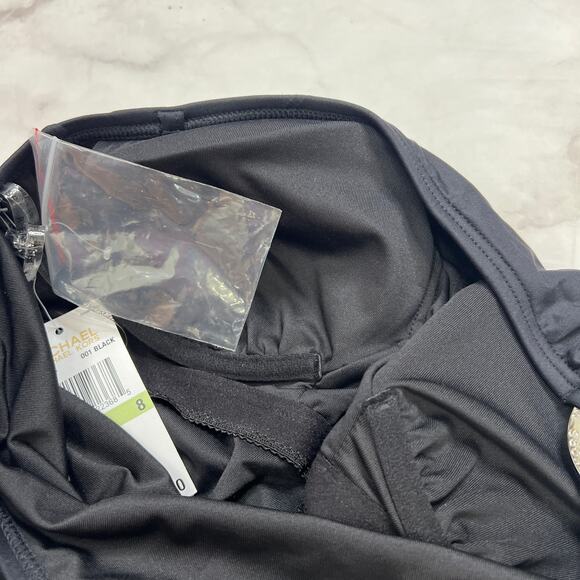 Michael Kors One Shoulder Swimsuit Size 8 Black Logo Ring Shirred *Damaged* New - Picture 6 of 7